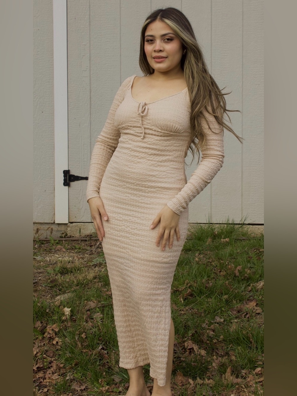 BOUTIQUE LONG SLEEVE BODYCON MAXI DRESS WITH TEXTURED MATERIAL